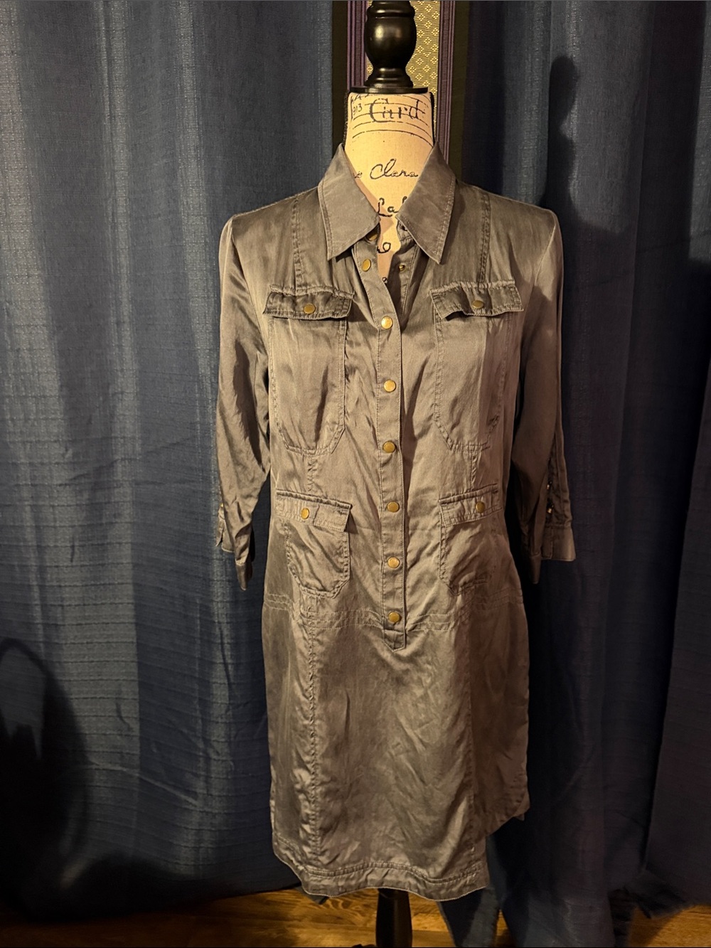 Women's Steel Gray 100% Silk/Cotton Utility Shirt Mini Dress  - DaNang